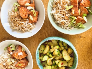 Salmon Bowl with Marinated Cucumbers and Rice Noodles with Peanuts