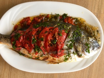 Dorade aus dem Ofen mit Zwiebeln und Tomaten