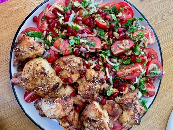 Yogurt and Sesame Marinated Chicken with Tomato, Walnut and Pomegranate Salad