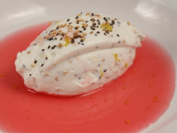 Mousse de yogur con sirope de ruibarbo